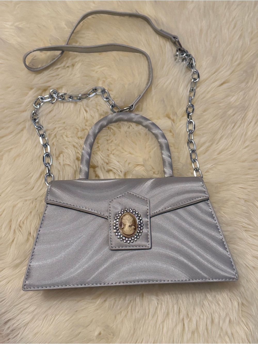 Silver Mini Top-Handle Crossbody Bag with Cameo Accent